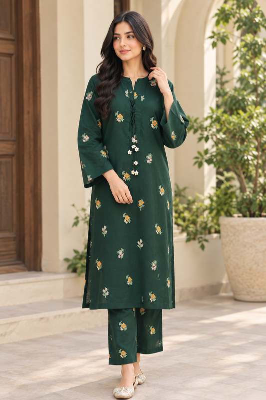 Emerald Bloom Embroidered 2-Piece Suit