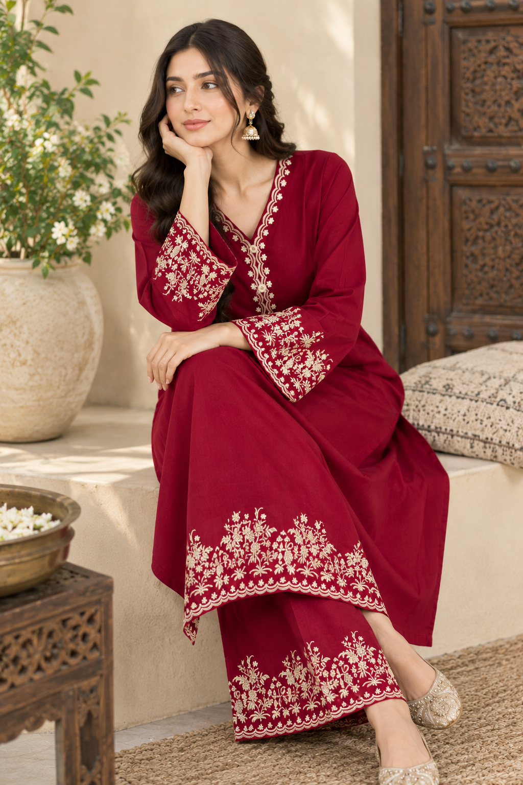 Embroidered Crimson 2-Piece Suit