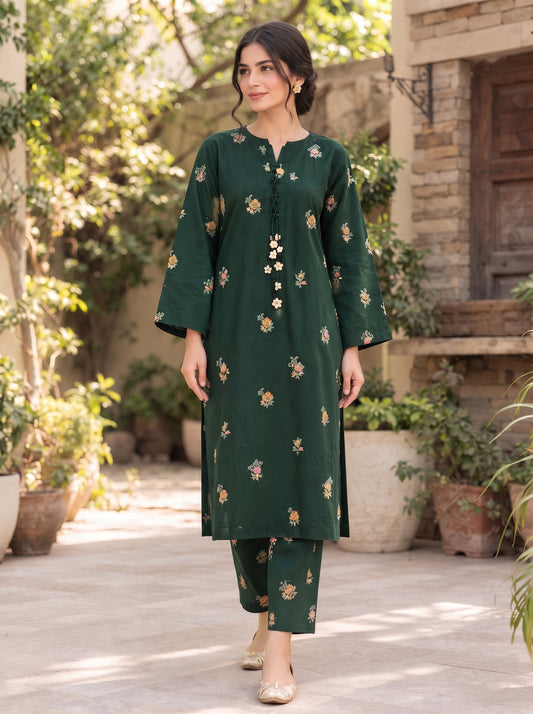 Emerald Bloom Embroidered 2-Piece Suit