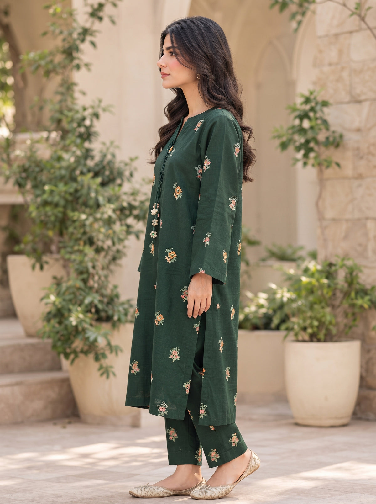 Emerald Bloom Embroidered 2-Piece Suit